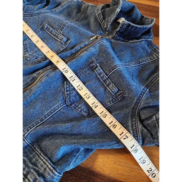 Project/Rebel Stretch Denim Jumpsuit Womens Flare Leg Blue Zip Short Sleeve Sz M - Picture 9 of 11